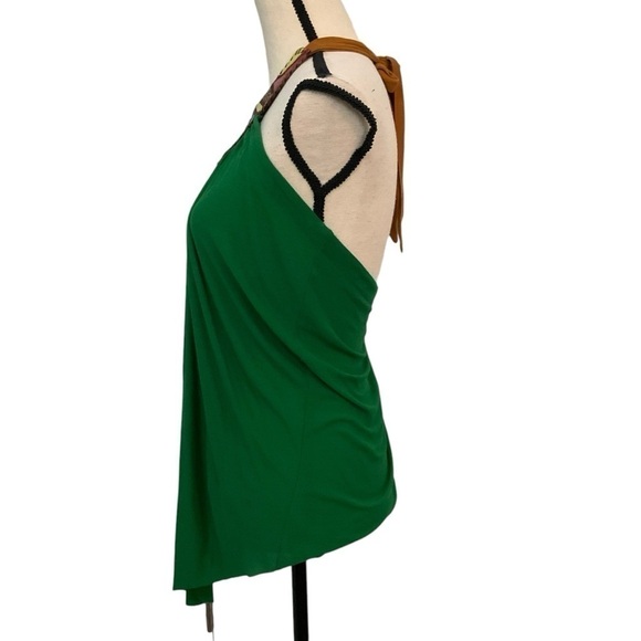 T-bags Los Angeles Green Top with Hand-sewn Leather Collar Size M - Picture 2 of 7